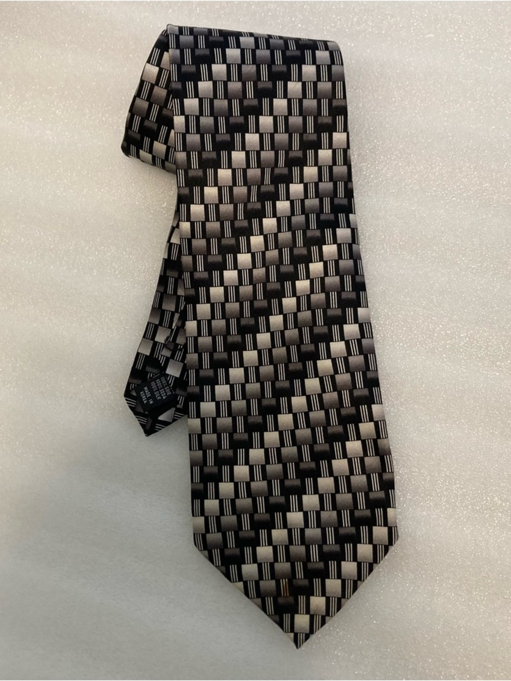 Tie 100% Silk Bergamo New York Black and Silver Geometric Pattern